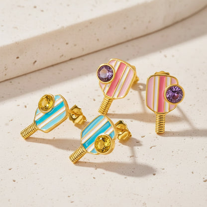 Custom Retro Pickleball Birthstone Stud Earrings