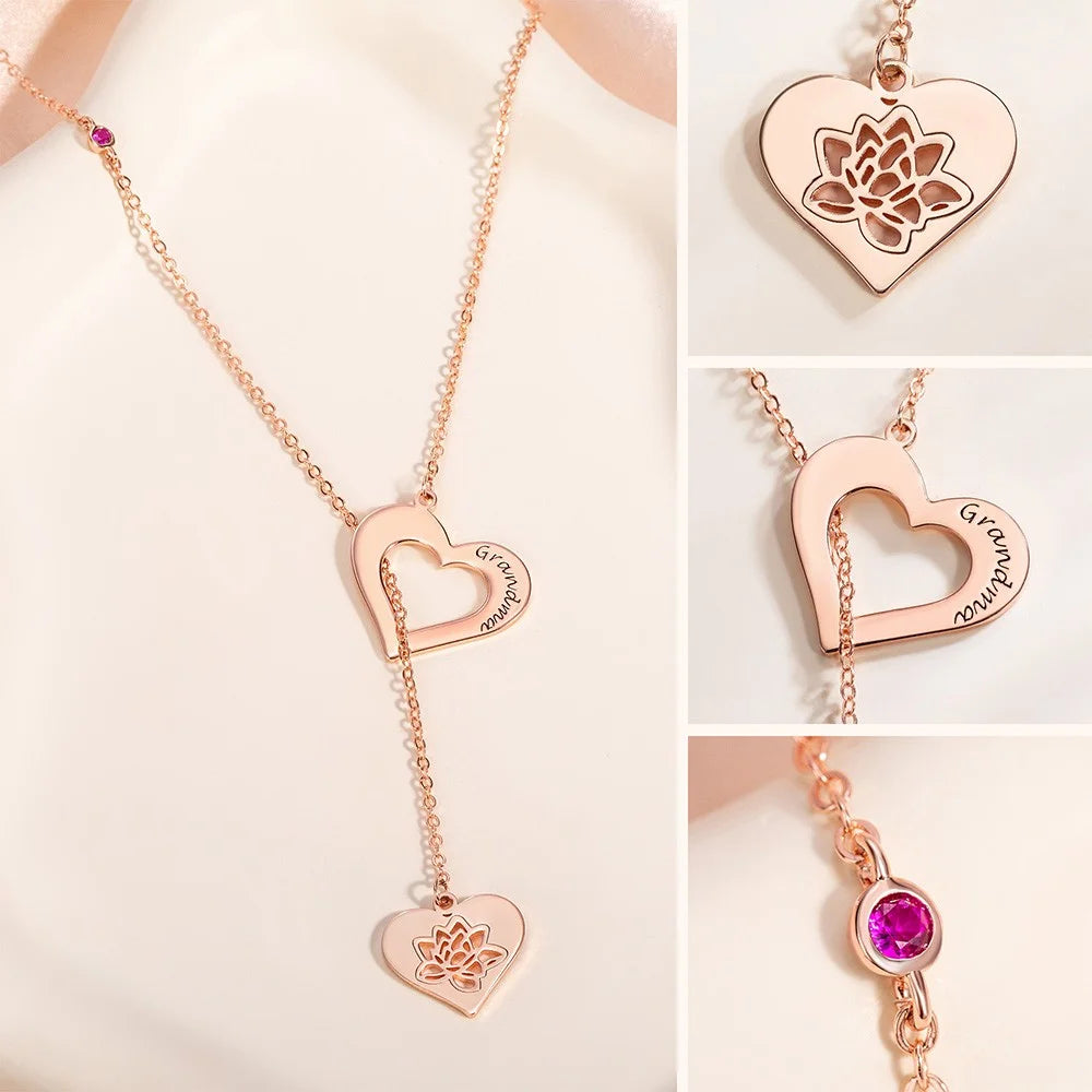 Custom Engraved Heart Birth Flower Necklace