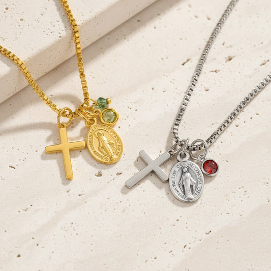 Personalized Virgin Mary Cross Charm Necklace with Birthstone