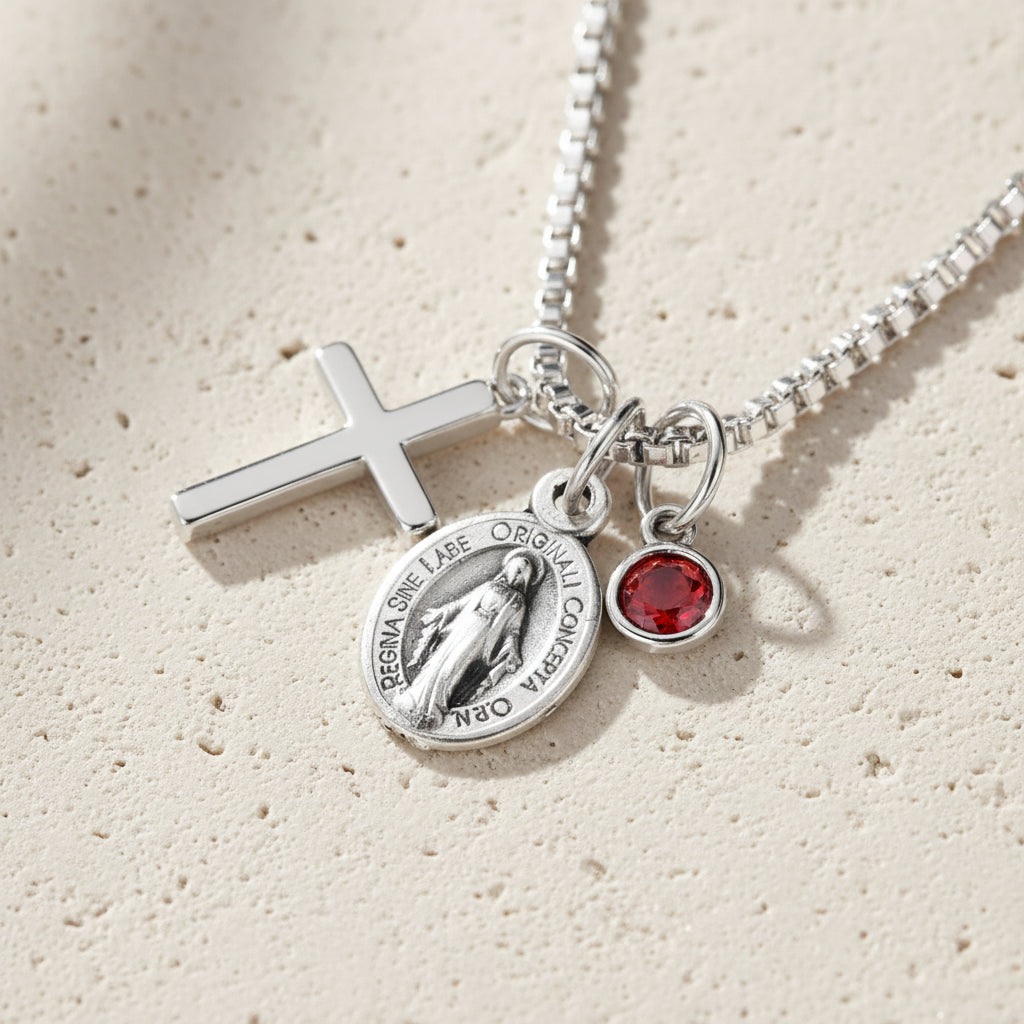 Personalized Virgin Mary Cross Charm Necklace with Birthstone