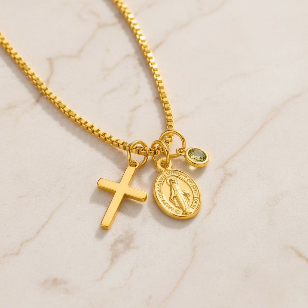 Personalized Virgin Mary Cross Charm Necklace with Birthstone