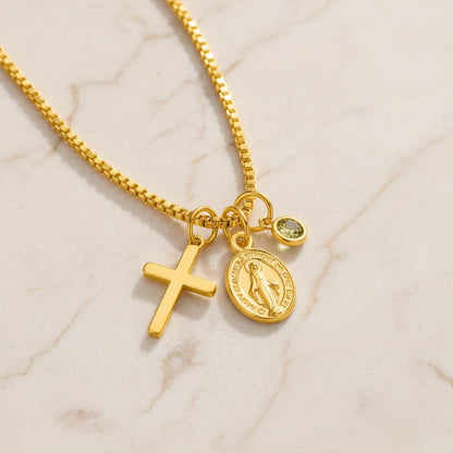 Personalized Virgin Mary Cross Charm Necklace with Birthstone