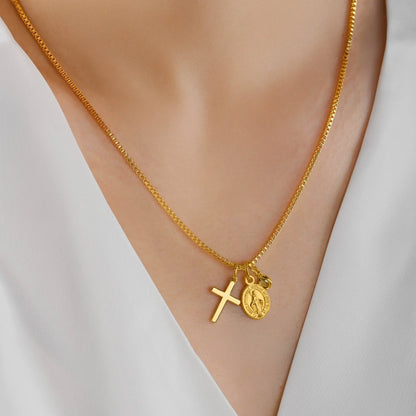 Personalized Virgin Mary Cross Charm Necklace with Birthstone