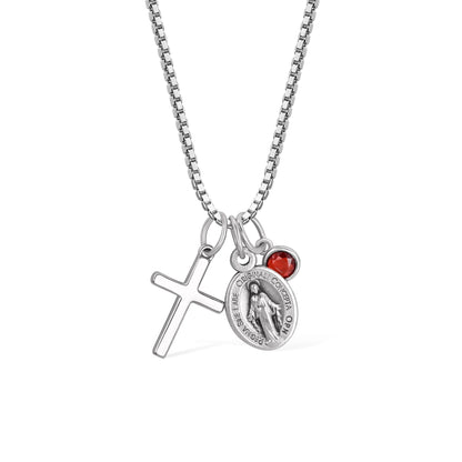 Personalized Virgin Mary Cross Charm Necklace with Birthstone