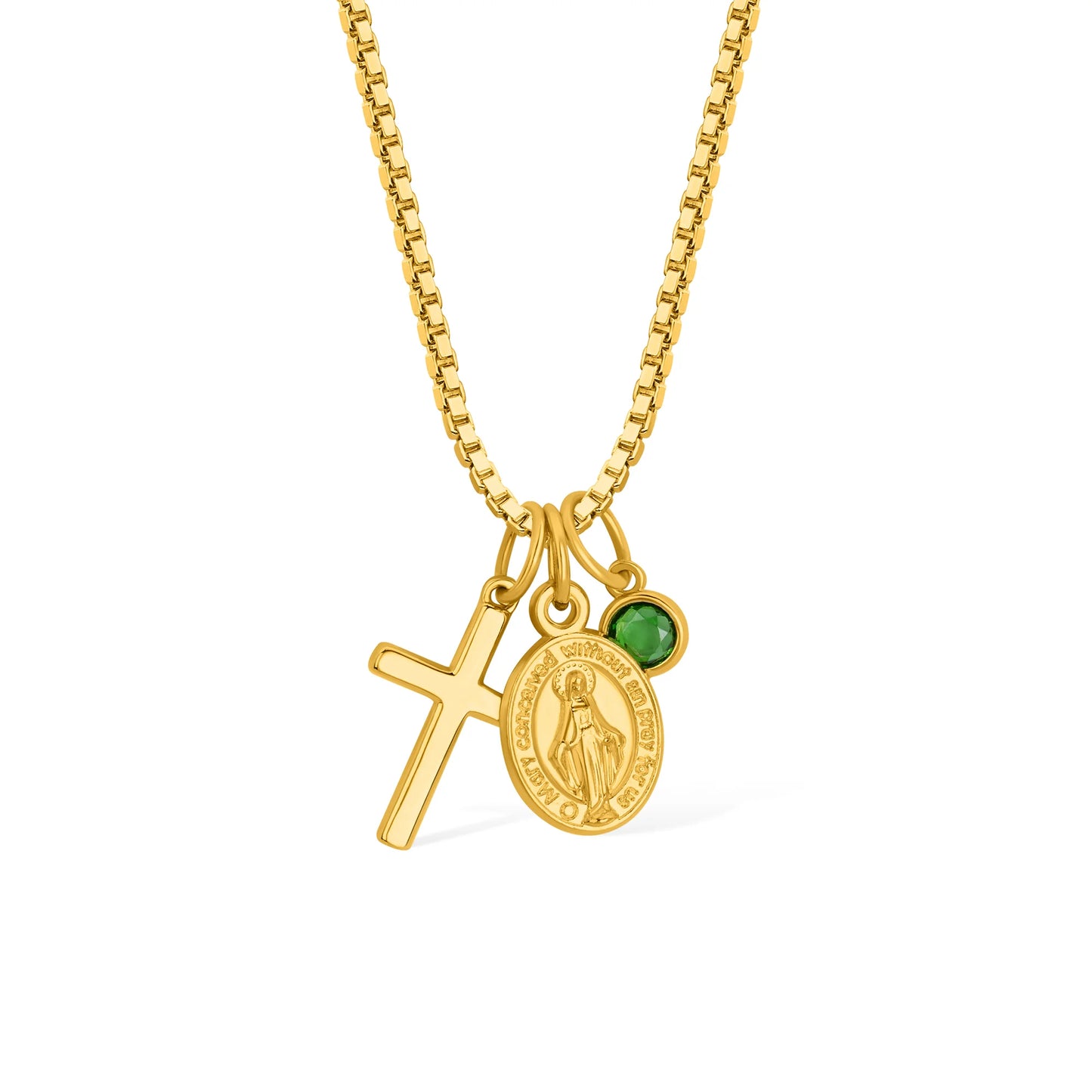 Personalized Virgin Mary Cross Charm Necklace with Birthstone