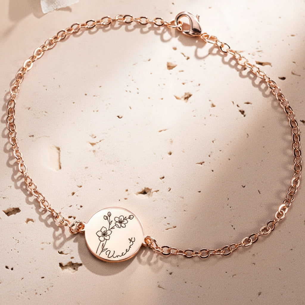 Custom Engraved Birth Flower & Name Bracelet