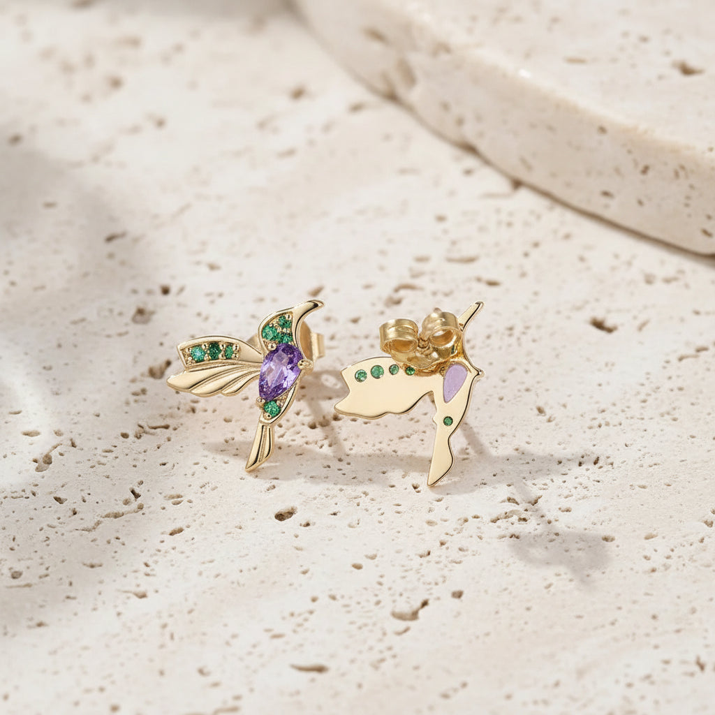 Custom Hummingbird Birthstone Stud Earrings