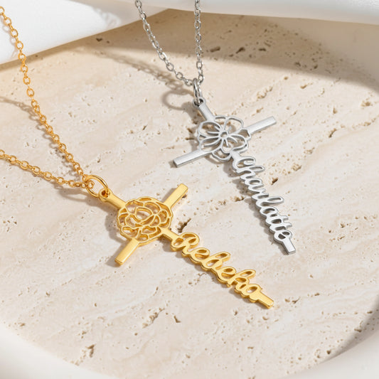 Custom Name Birth Flower Cross Necklace