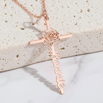 Custom Name Birth Flower Cross Necklace