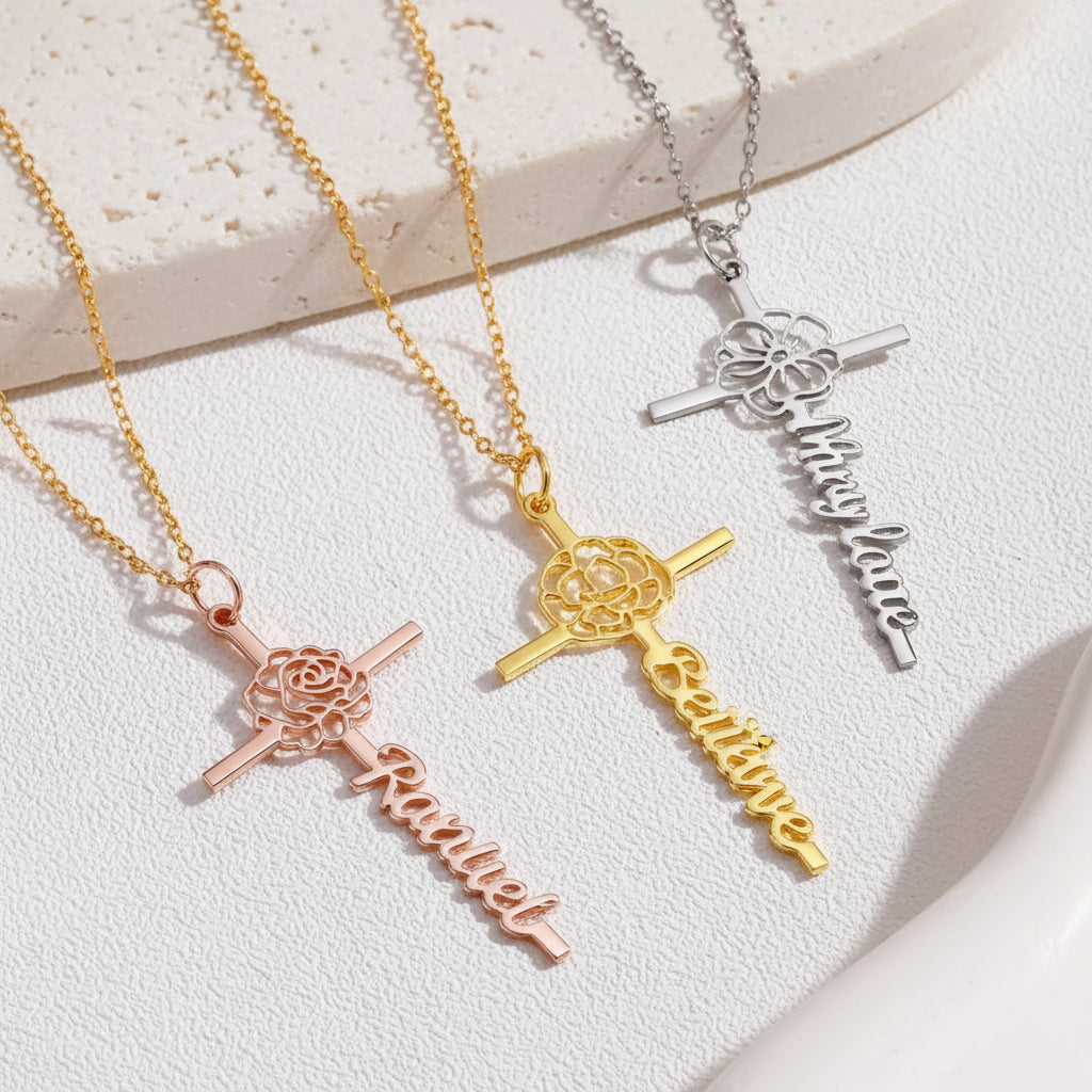 Custom Name Birth Flower Cross Necklace