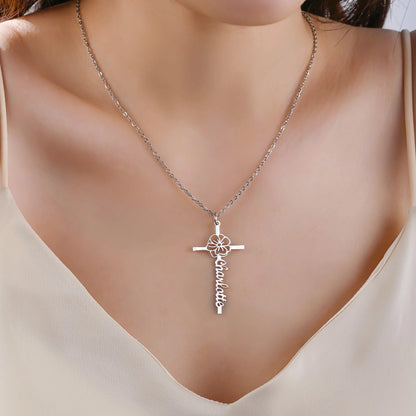 Custom Name Birth Flower Cross Necklace