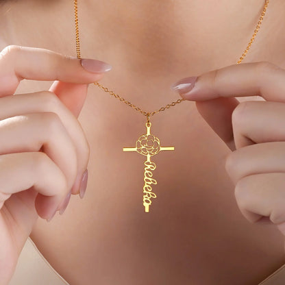 Custom Name Birth Flower Cross Necklace