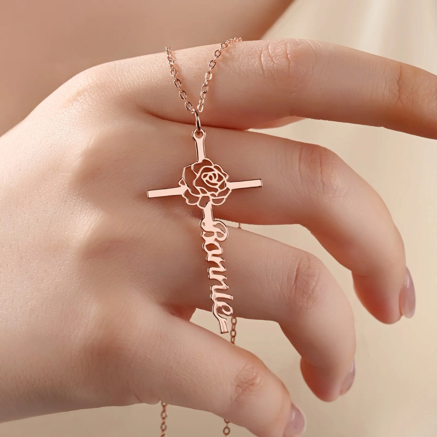 Custom Name Birth Flower Cross Necklace