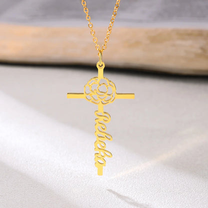 Custom Name Birth Flower Cross Necklace
