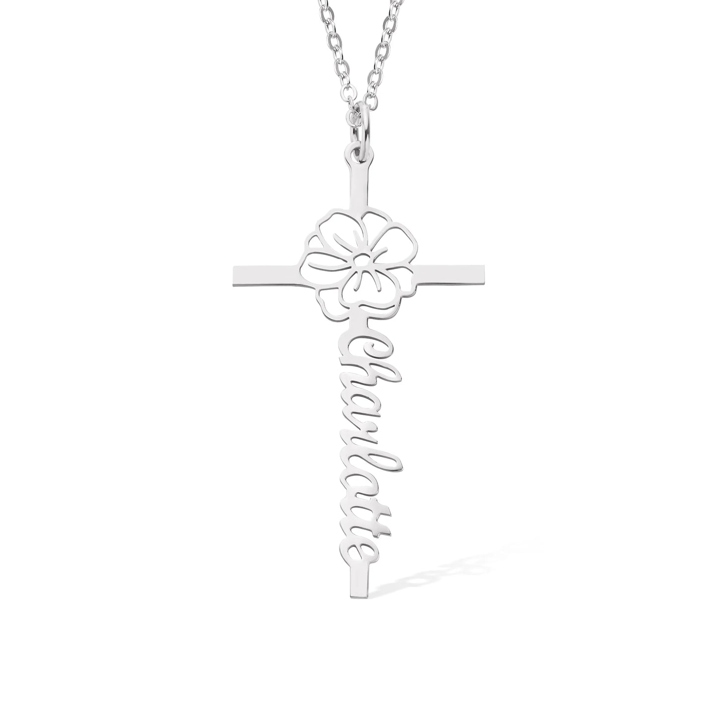 Custom Name Birth Flower Cross Necklace
