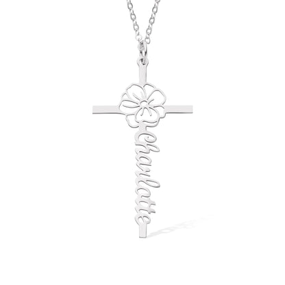 Custom Name Birth Flower Cross Necklace