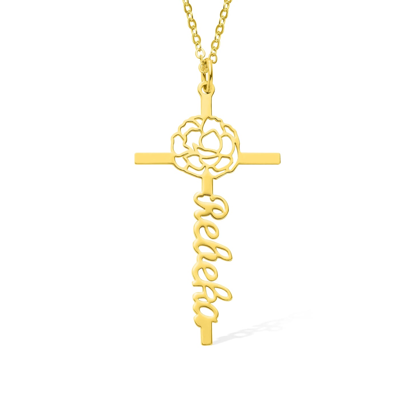 Custom Name Birth Flower Cross Necklace