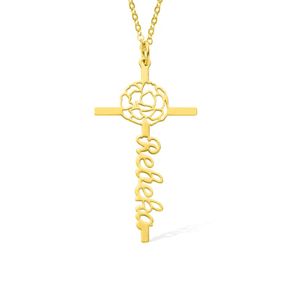 Custom Name Birth Flower Cross Necklace