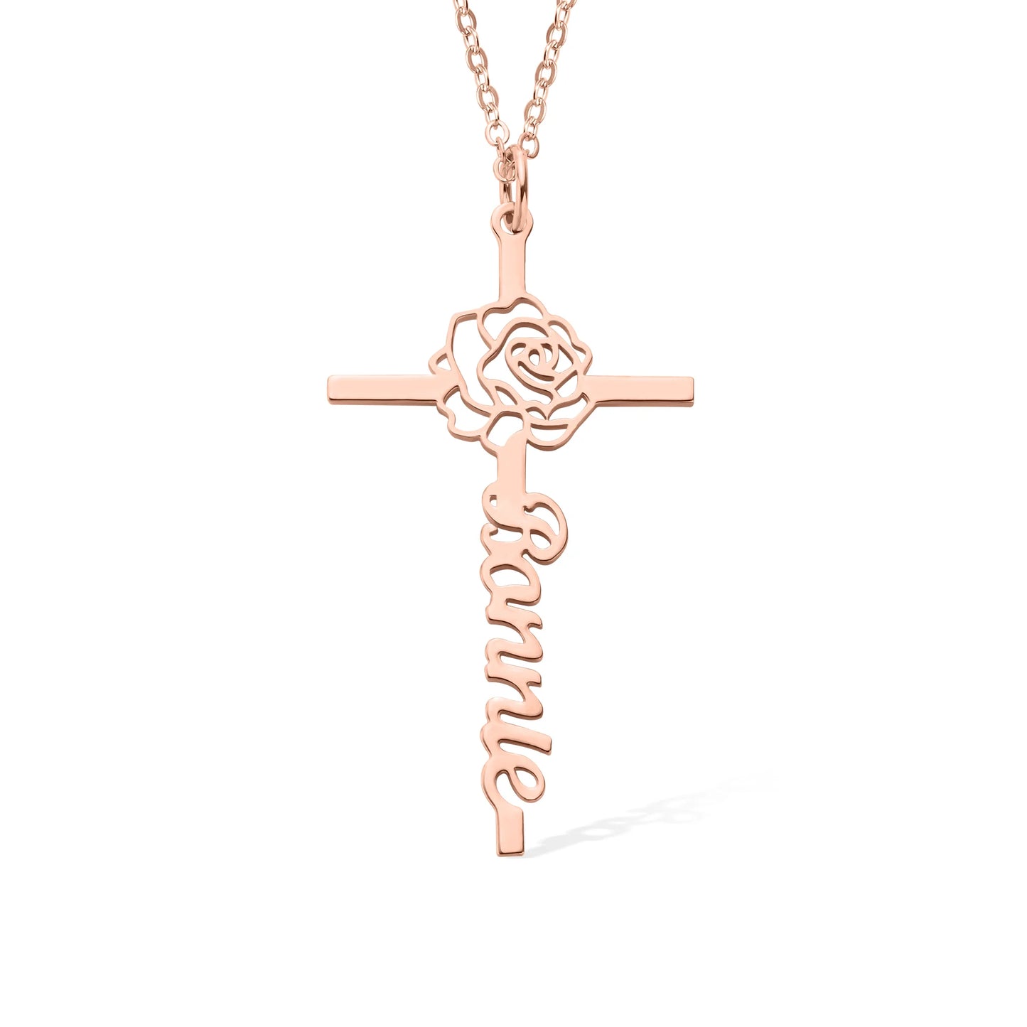 Custom Name Birth Flower Cross Necklace