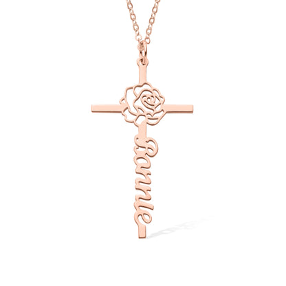 Custom Name Birth Flower Cross Necklace