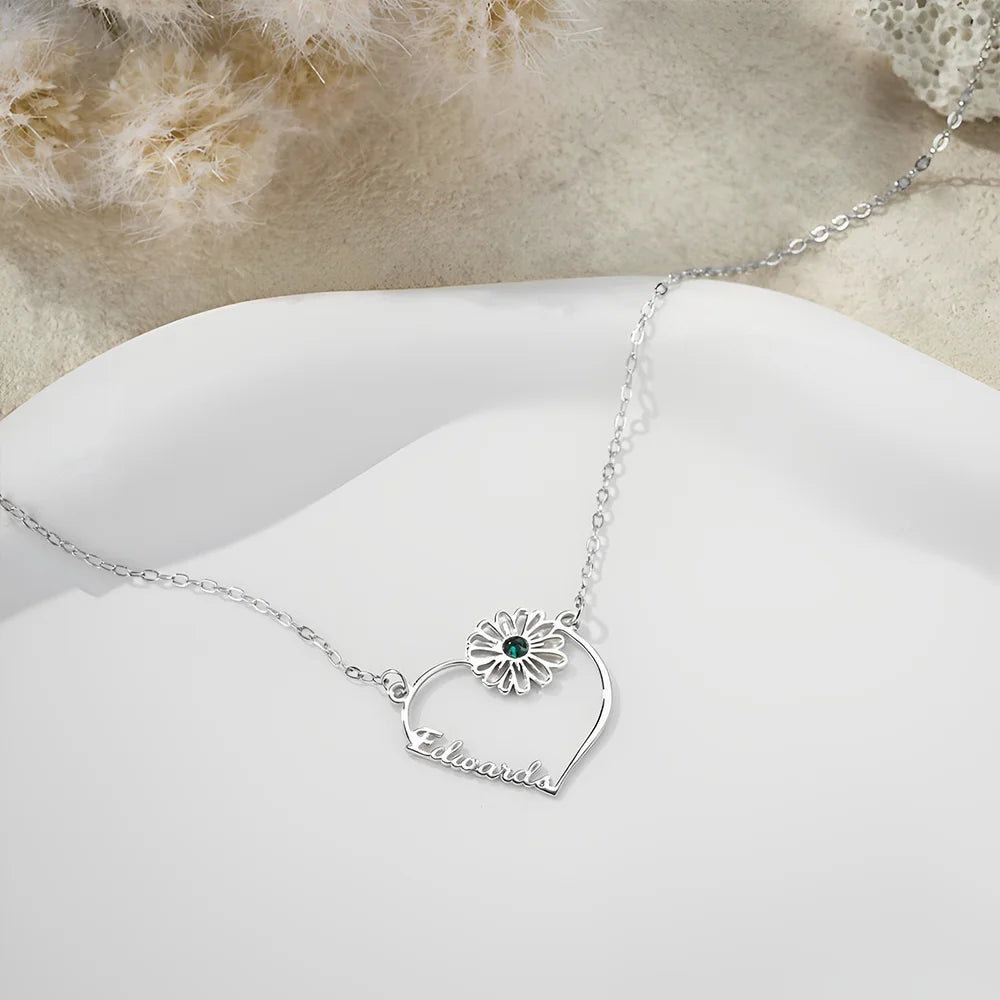 Custom Name Heart Birth Flower Necklace with Birthstone