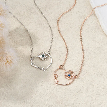 Custom Name Heart Birth Flower Necklace with Birthstone