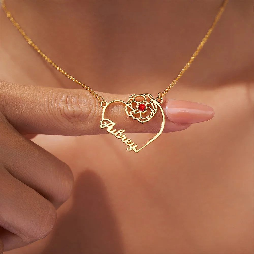 Custom Name Heart Birth Flower Necklace with Birthstone