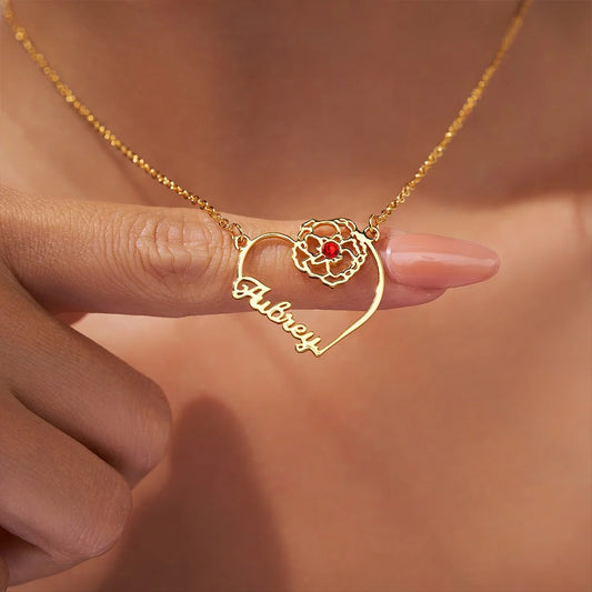 Custom Name Heart Birth Flower Necklace with Birthstone