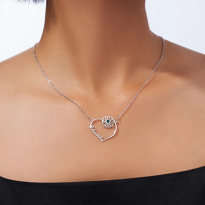 Custom Name Heart Birth Flower Necklace with Birthstone