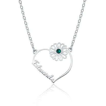 Custom Name Heart Birth Flower Necklace with Birthstone