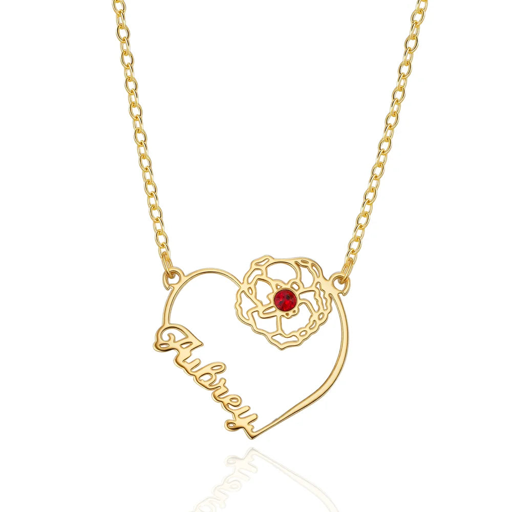 Custom Name Heart Birth Flower Necklace with Birthstone