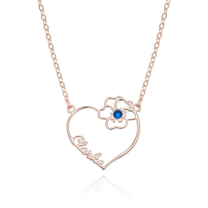 Custom Name Heart Birth Flower Necklace with Birthstone