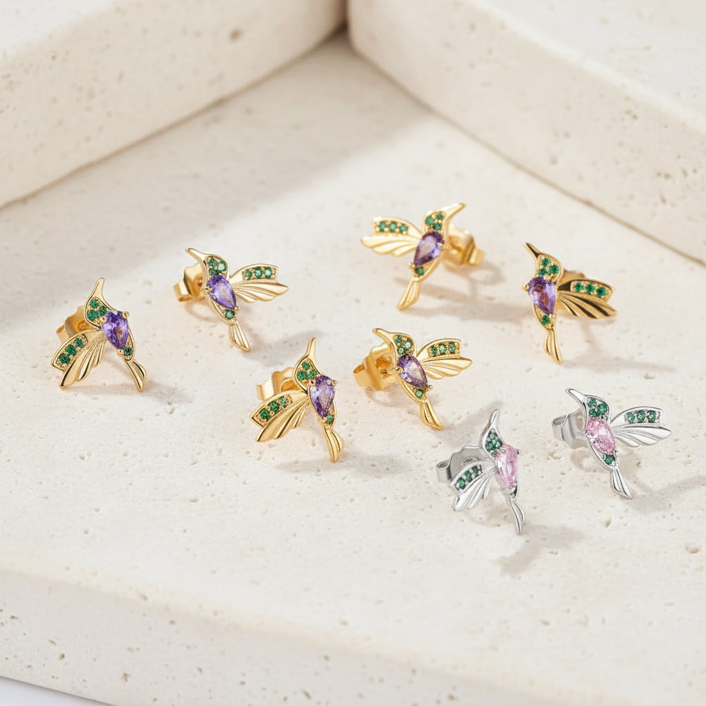 Custom Hummingbird Birthstone Stud Earrings