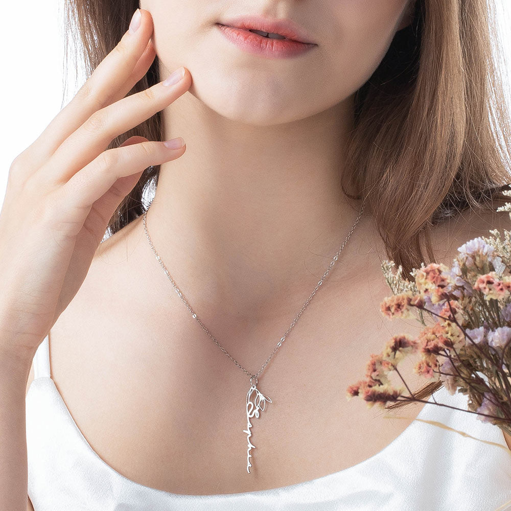Custom Birth Flower Name Necklace