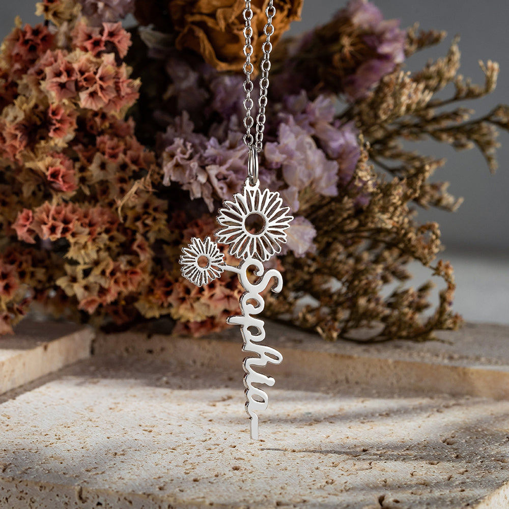 Custom Birth Flower Name Necklace