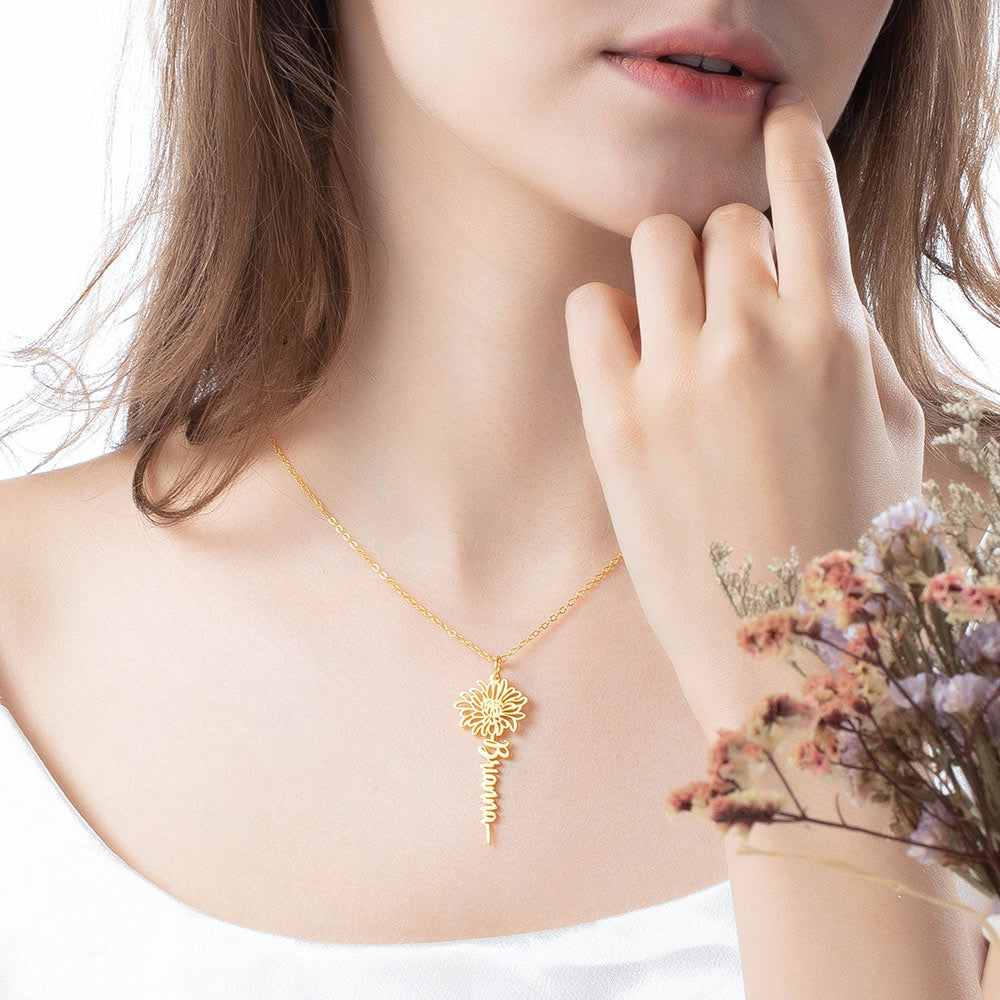 Custom Birth Flower Name Necklace
