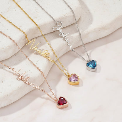 Personalized Heart Birthstone Necklace with Name