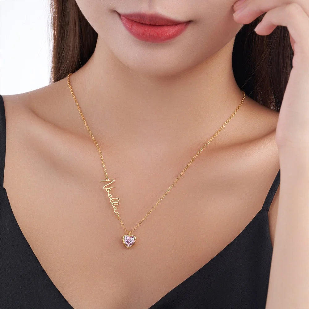 Personalized Heart Birthstone Necklace with Name