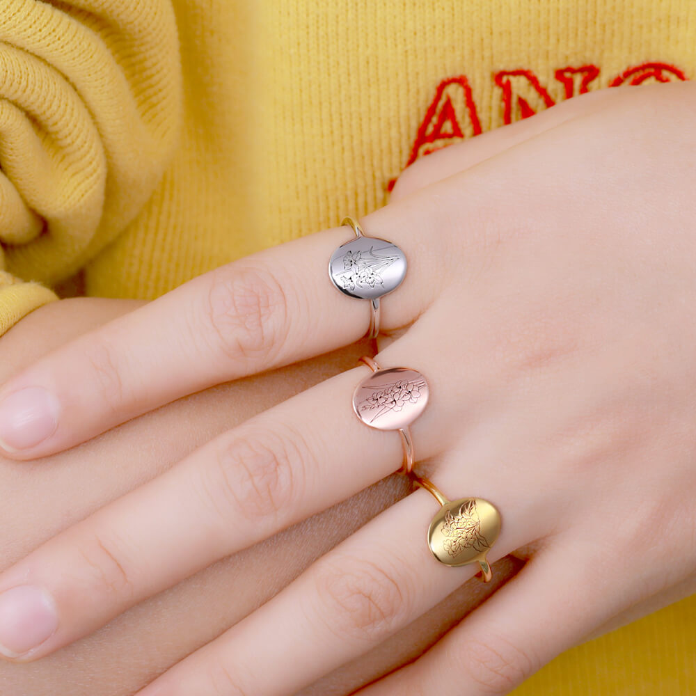Personalized Birth Flower Signet Ring