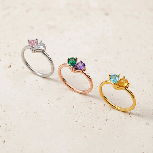 Custom Double Birthstone Dainty Heart Ring