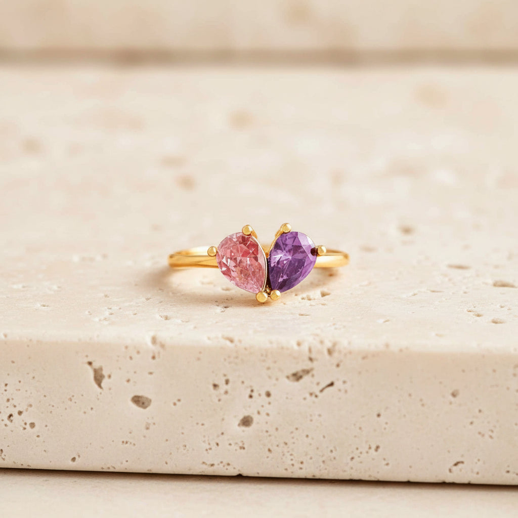 Custom Double Birthstone Dainty Heart Ring