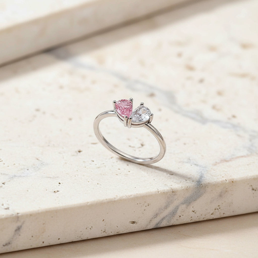 Custom Double Birthstone Dainty Heart Ring