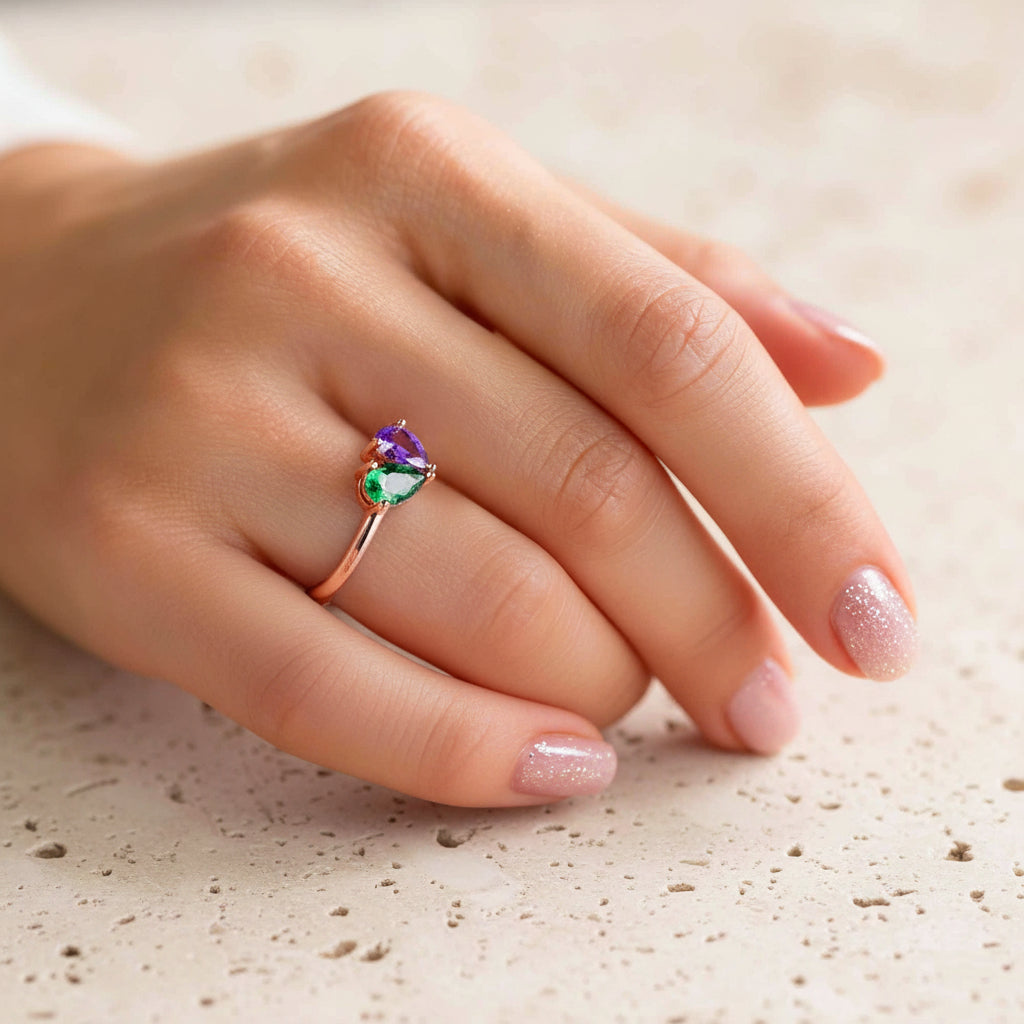 Custom Double Birthstone Dainty Heart Ring