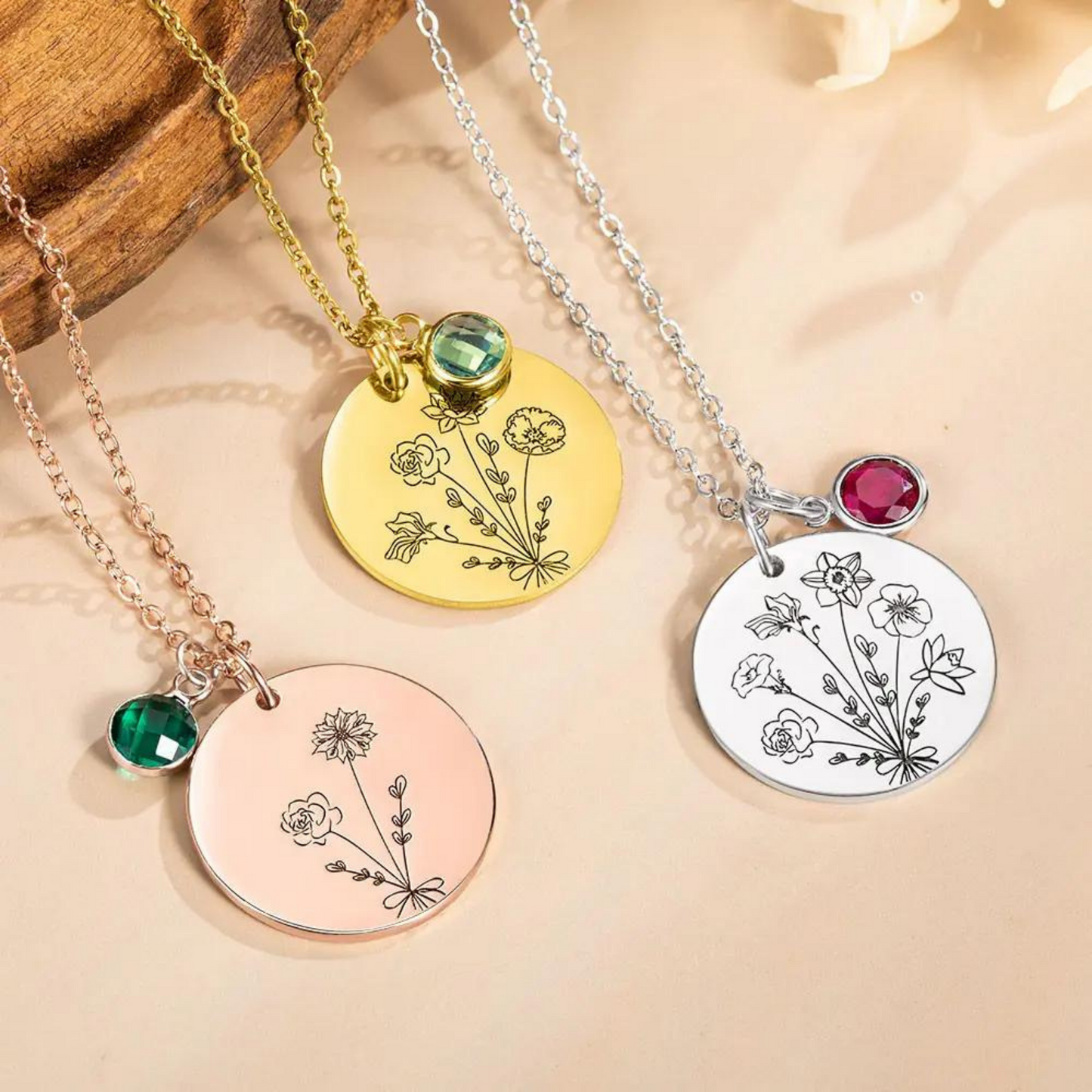 Combined Birth Flower Engraved Necklace