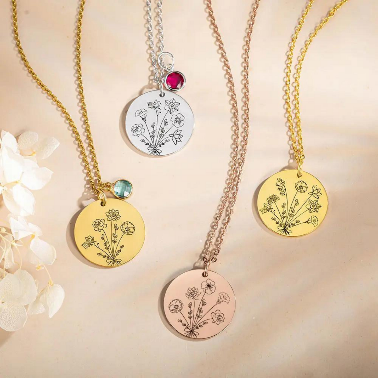 Combined Birth Flower Engraved Necklace