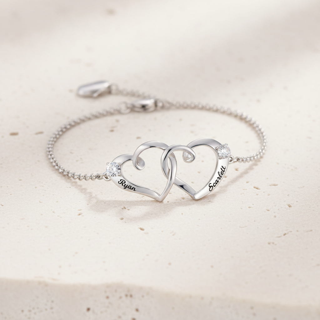 Custom Engraved Name Hearts Birthstone Bracelet