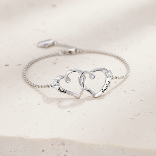 Custom Engraved Name Hearts Birthstone Bracelet