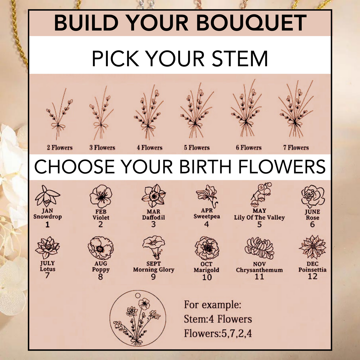 Combined Birth Flower Engraved Necklace