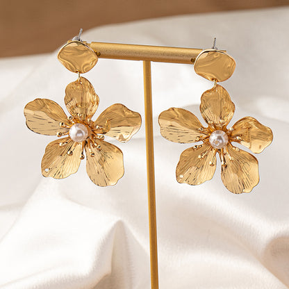 Gold Floral Pearl Dangle Earrings