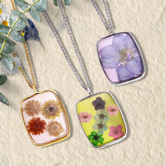 Dried Birth Flowers Resin Engraved Necklace